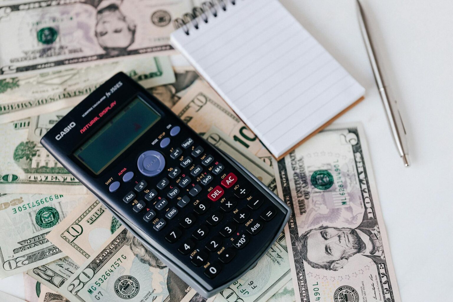 Calculator with dollar bills showing financial calculations and money management