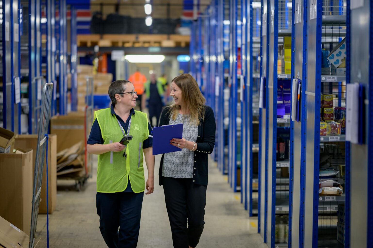 Modern warehouse with automated systems and digital monitoring equipment