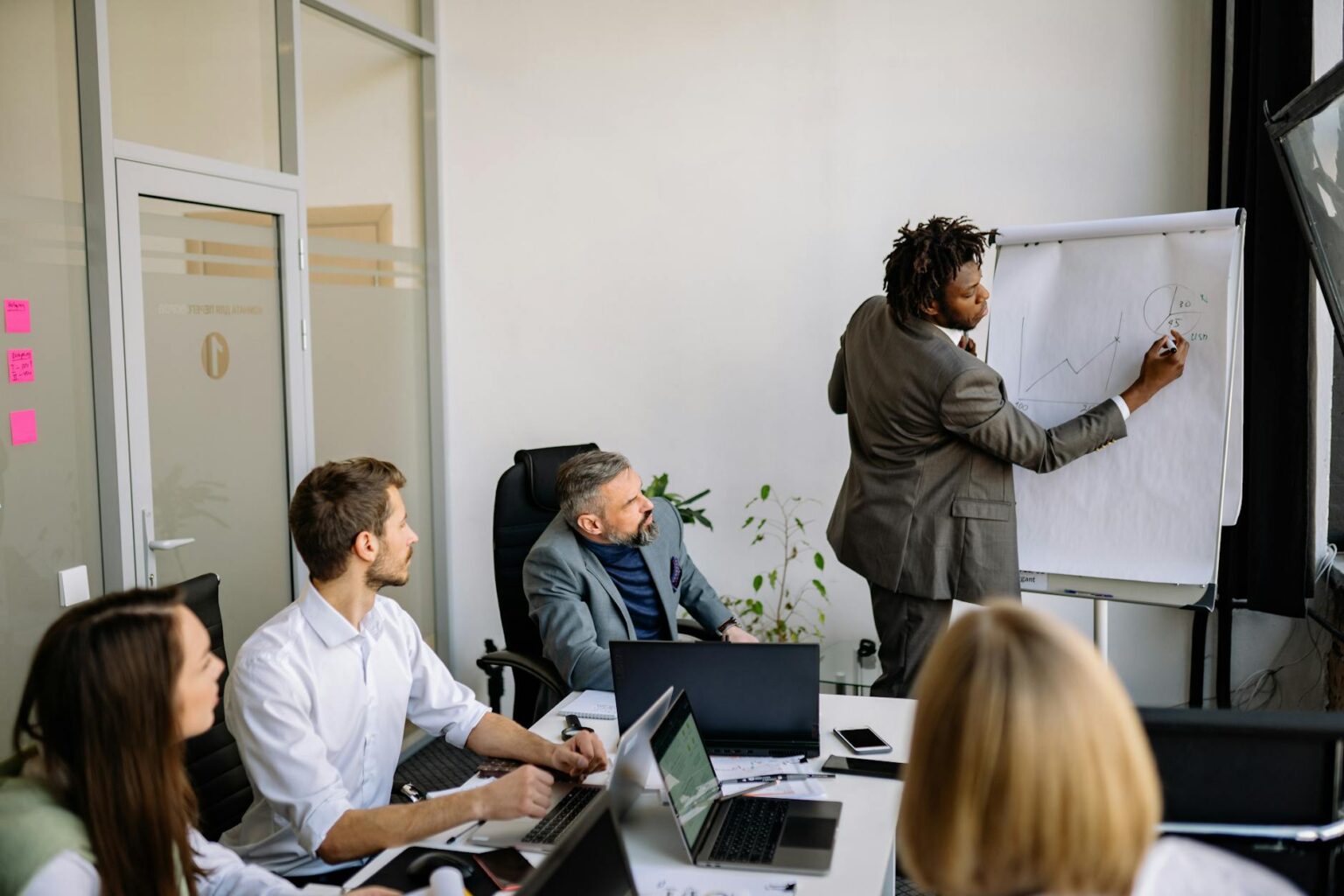 Business professionals in a modern office meeting discussing work schedules and productivity strategies