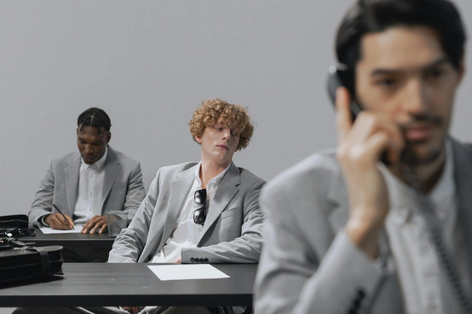 Professional office workers collaborating at a modern workplace desk