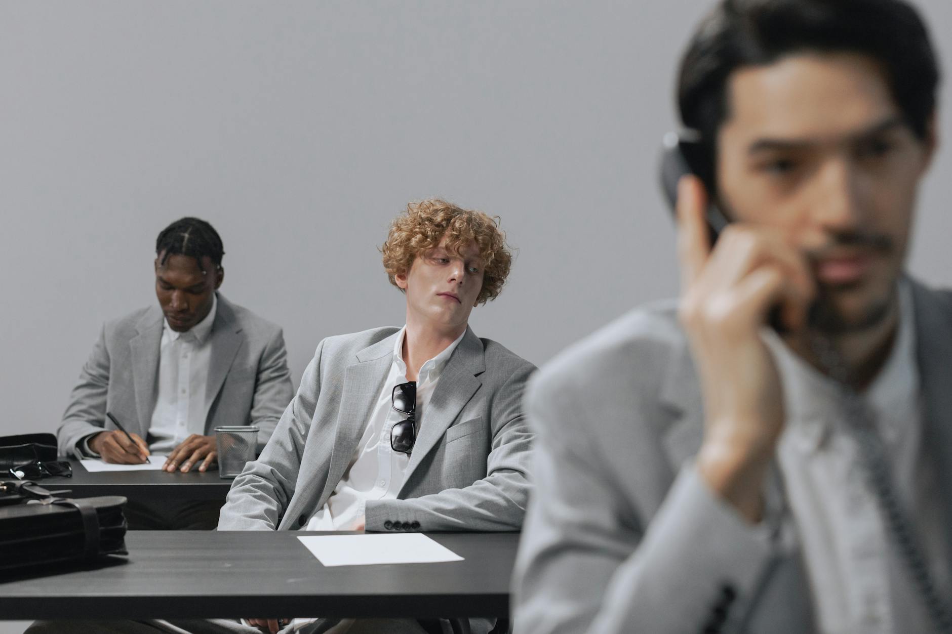 Professional office workers collaborating at a modern workplace desk