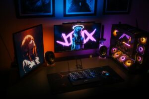 Modern gaming setup with multiple monitors displaying video games
