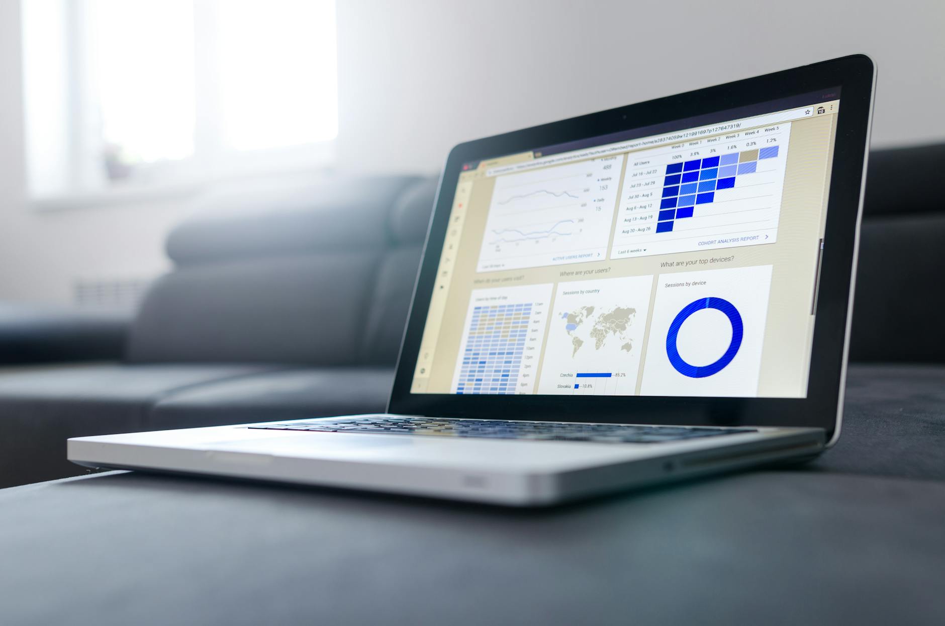 Close-up of laptop screen showing financial charts and business growth metrics