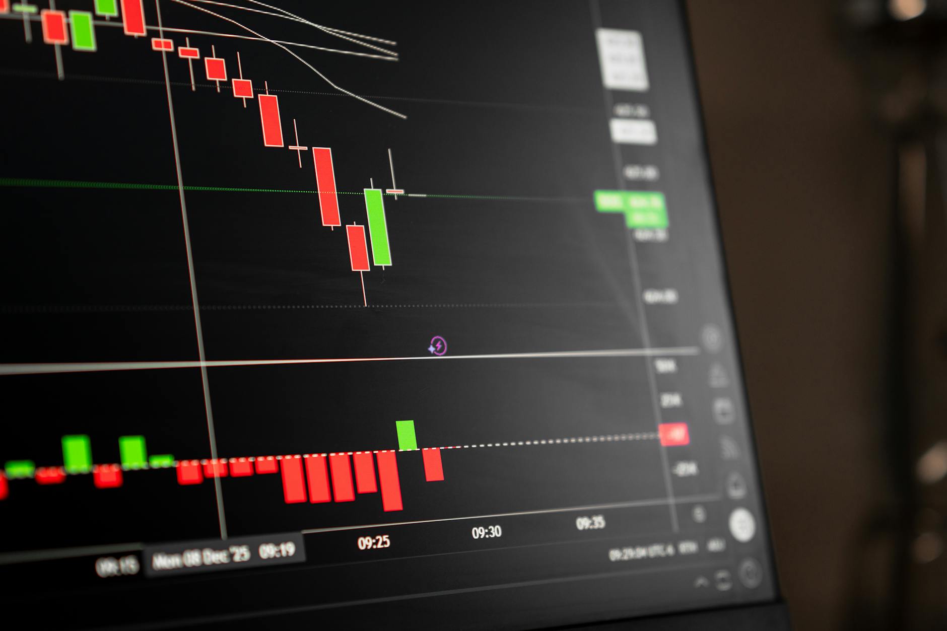 Multiple computer monitors displaying stock market charts and trading data