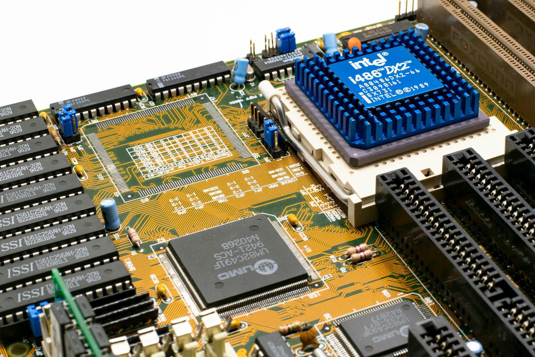 Close-up view of semiconductor chips on circuit board