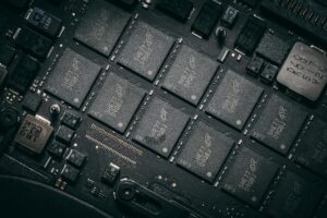Close-up view of computer processors and microchips on circuit board