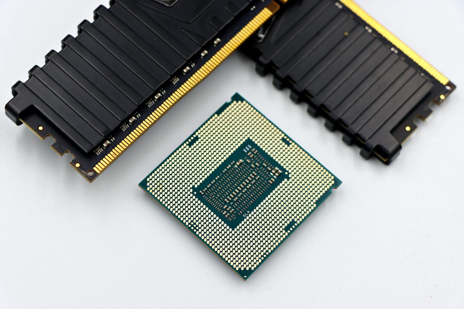 Close-up view of semiconductor computer chips on circuit board