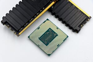 Close-up view of semiconductor computer chips on circuit board
