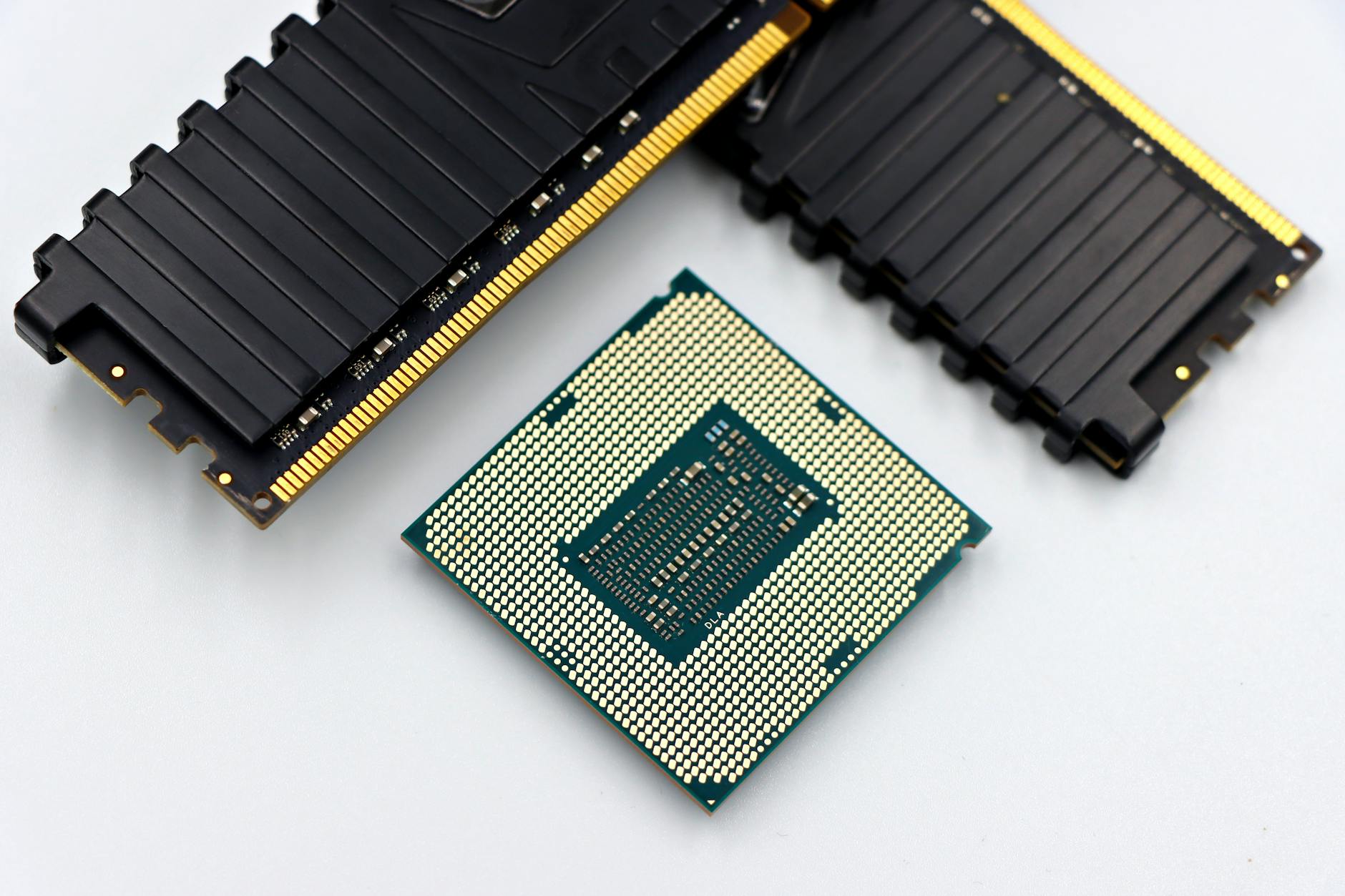Close-up view of semiconductor computer chips on circuit board