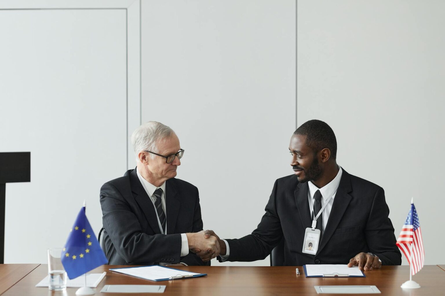 Officials in formal diplomatic discussion at conference table
