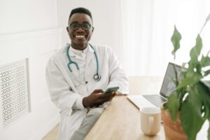 Modern healthcare facility with medical professionals