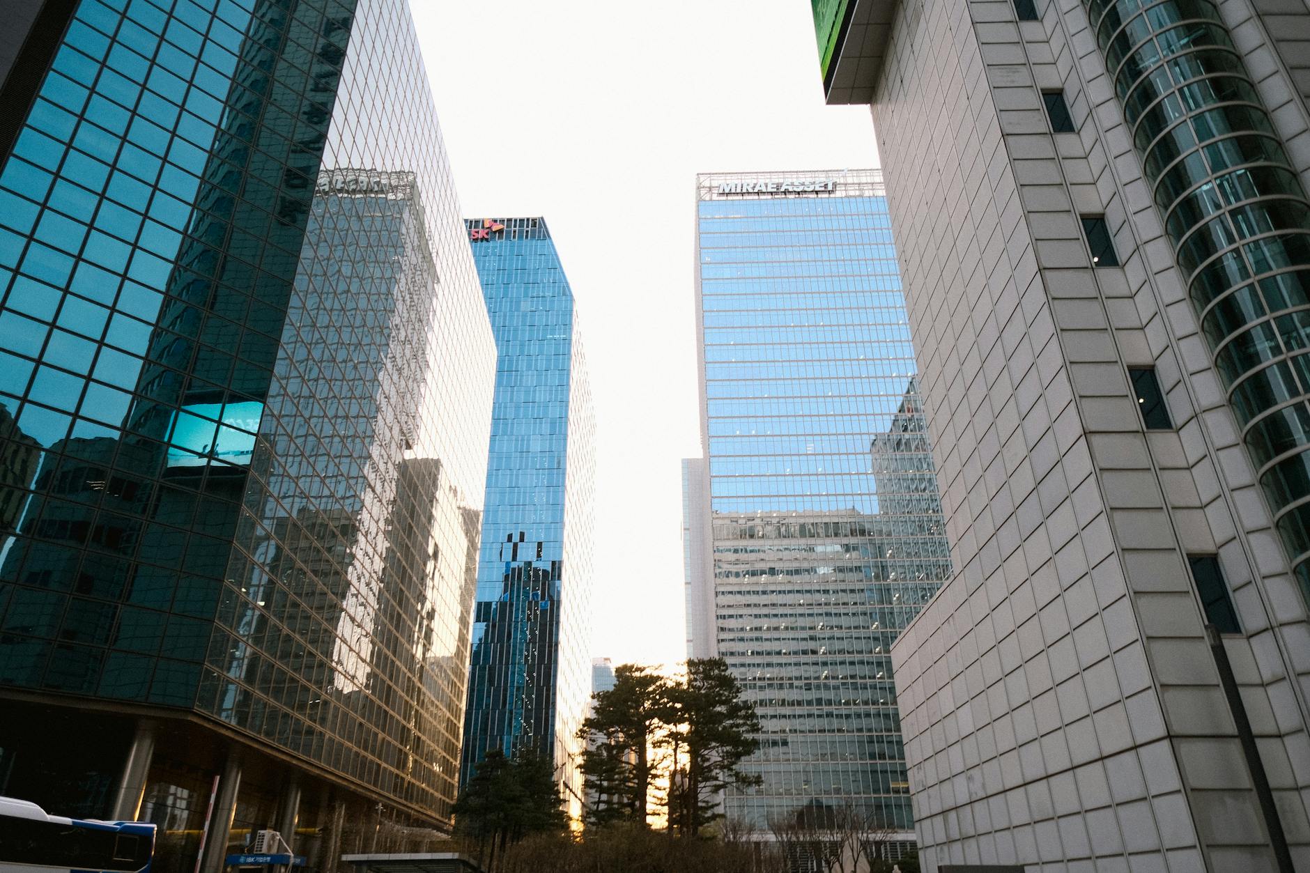 Modern business district showing economic impact of political events