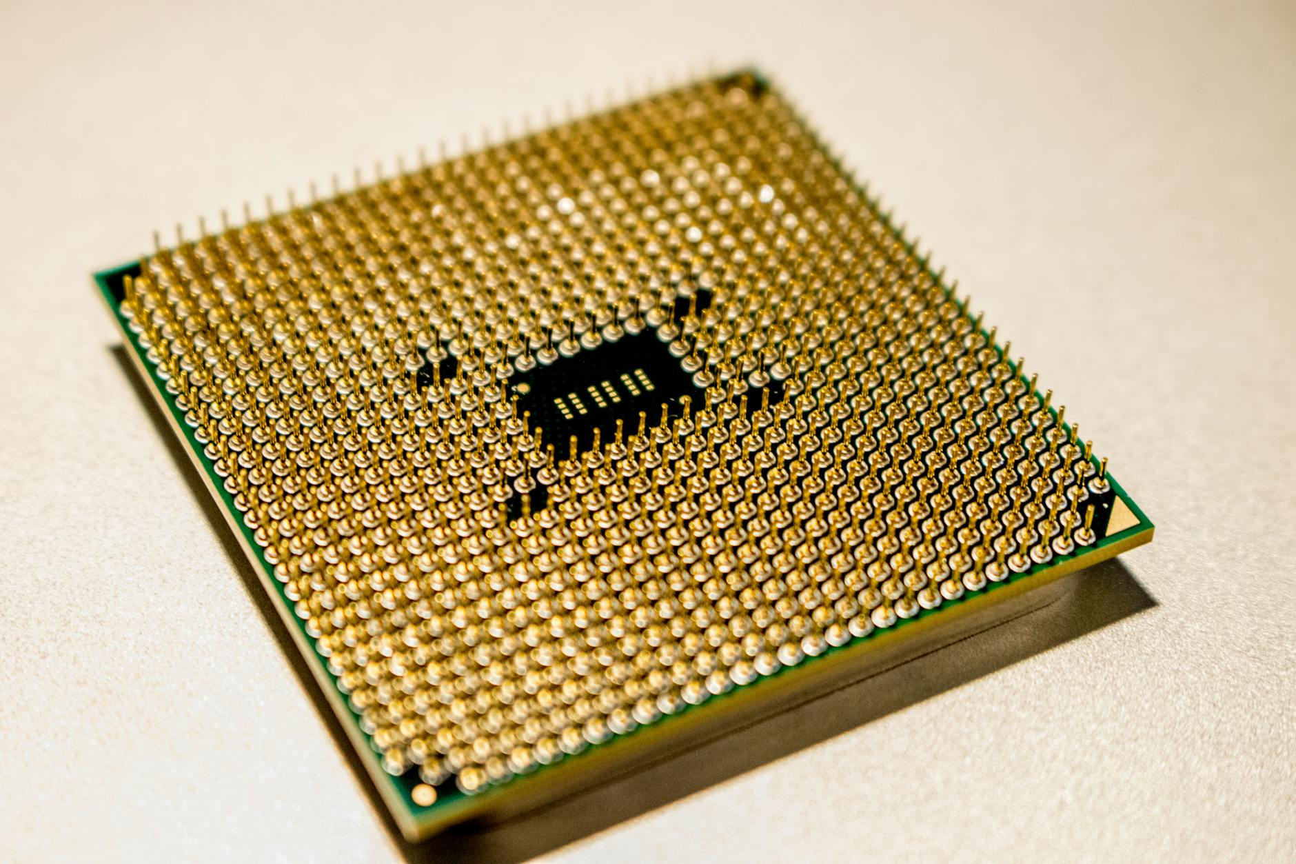 Close-up view of semiconductor processor chip on circuit board
