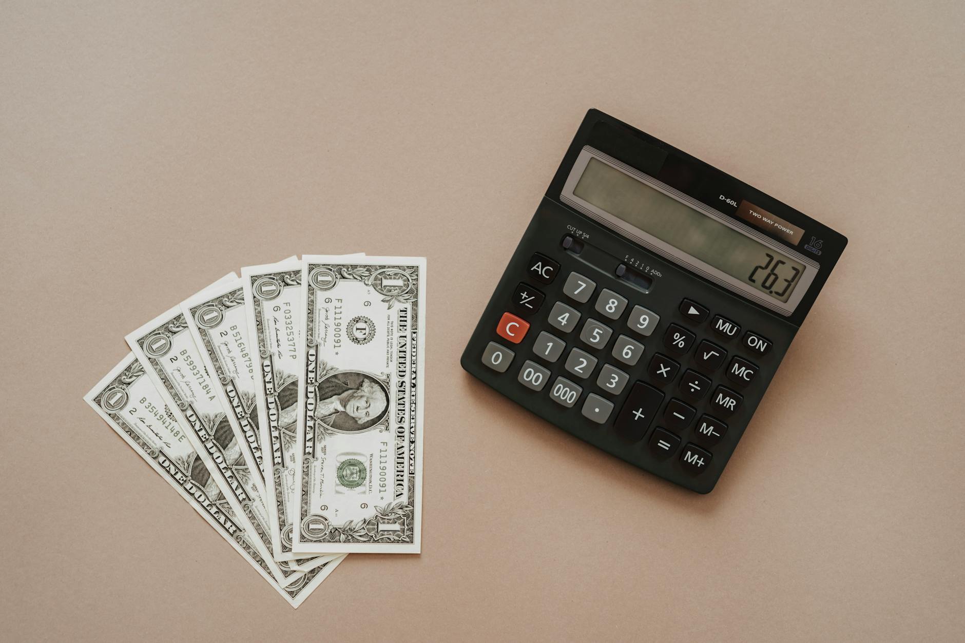 Calculator and cash representing dividend income calculations