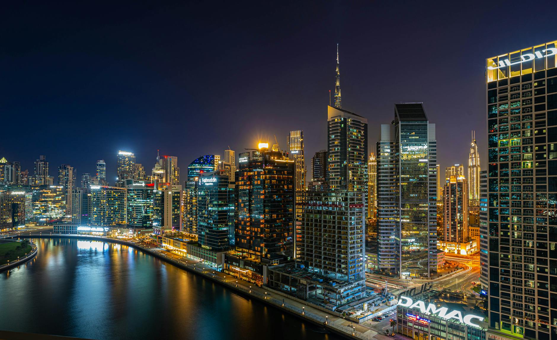 Modern Dubai skyline with financial district buildings