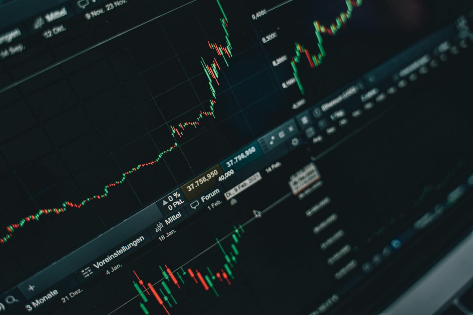 Financial data and stock market charts displayed on computer screens