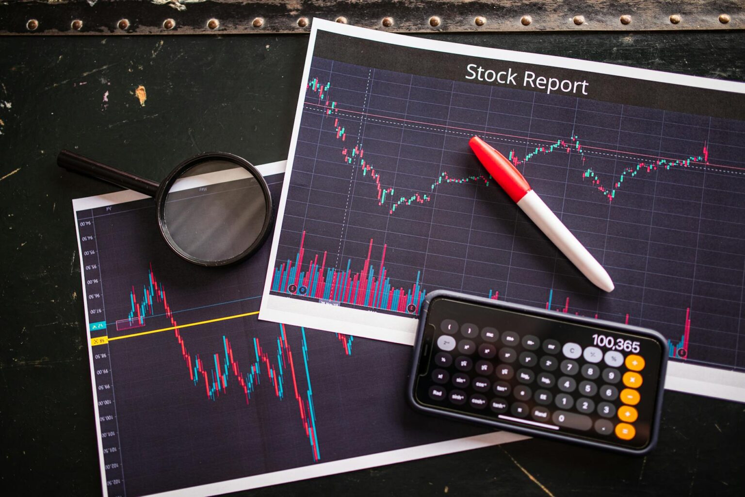 Financial charts showing market decline and trading activity