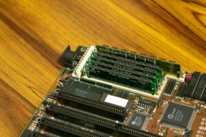 Close-up of memory chips and semiconductors on circuit board