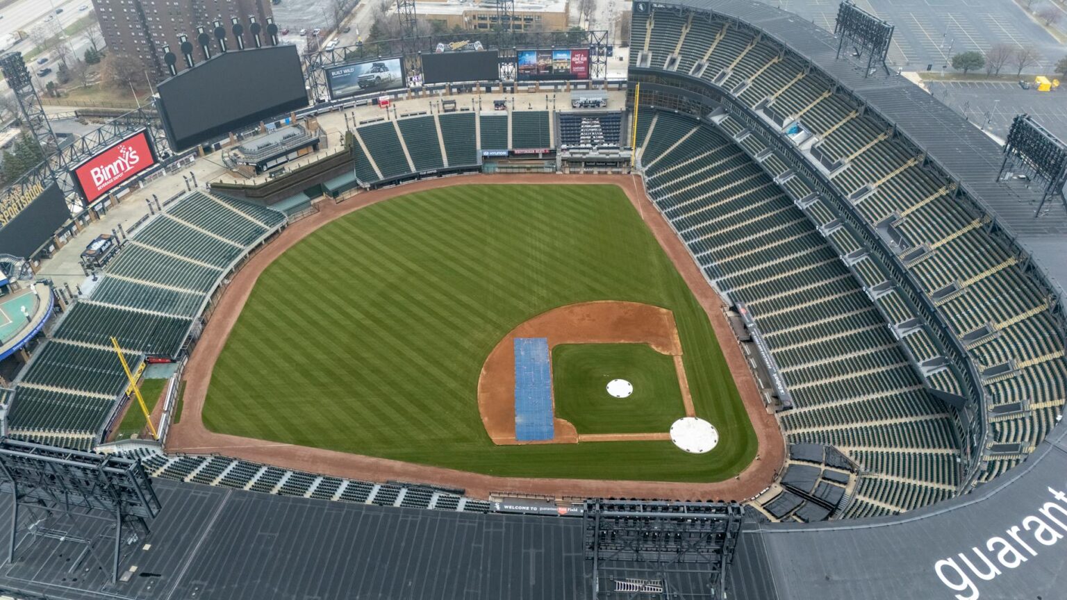 Aerial view of baseball stadium during game preparation