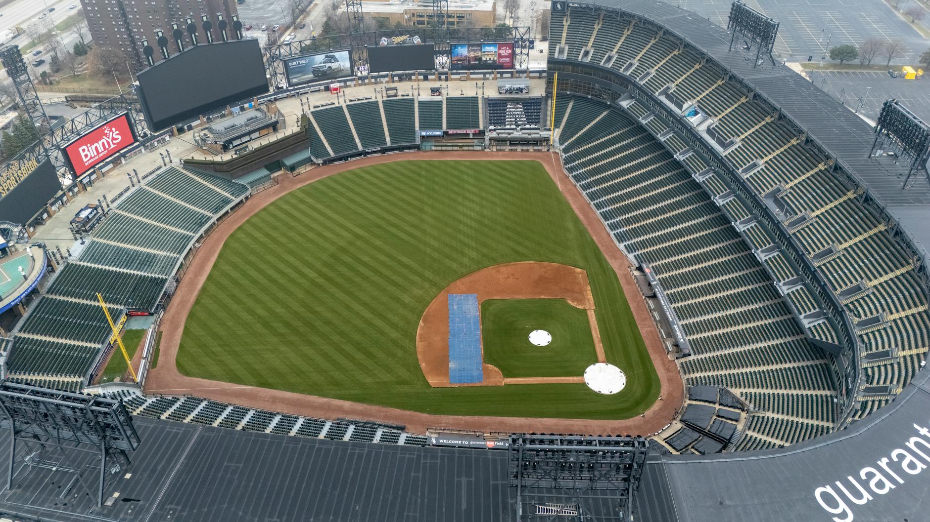 Aerial view of baseball stadium during game preparation