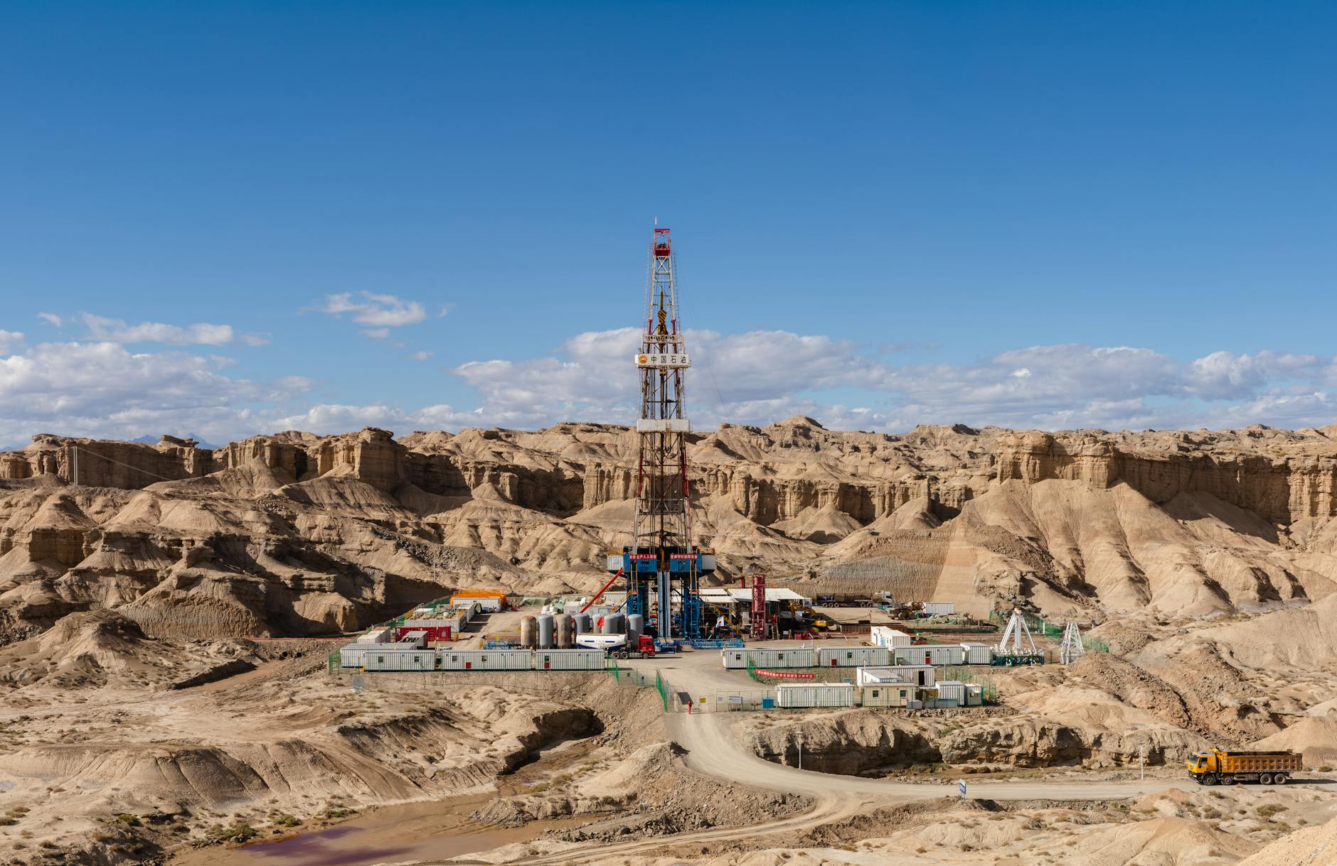 Oil drilling equipment against sky representing energy market tensions