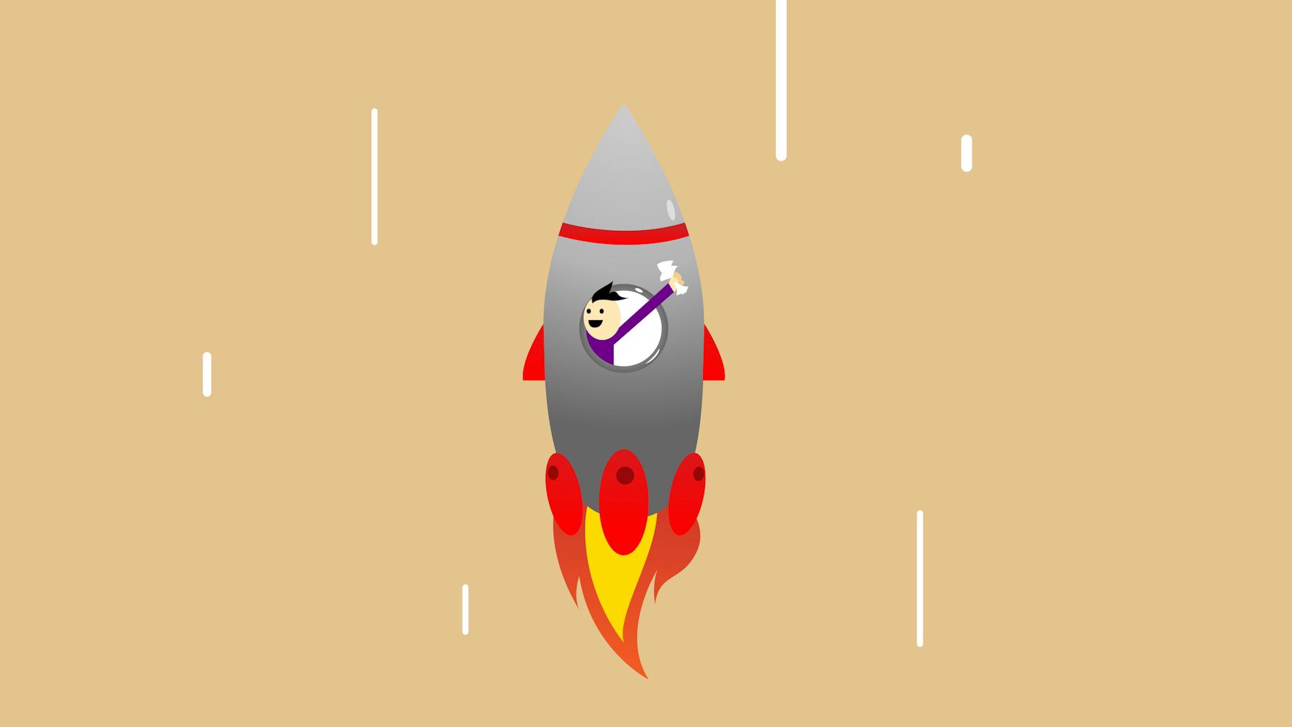 Rocket launching into space against blue sky background