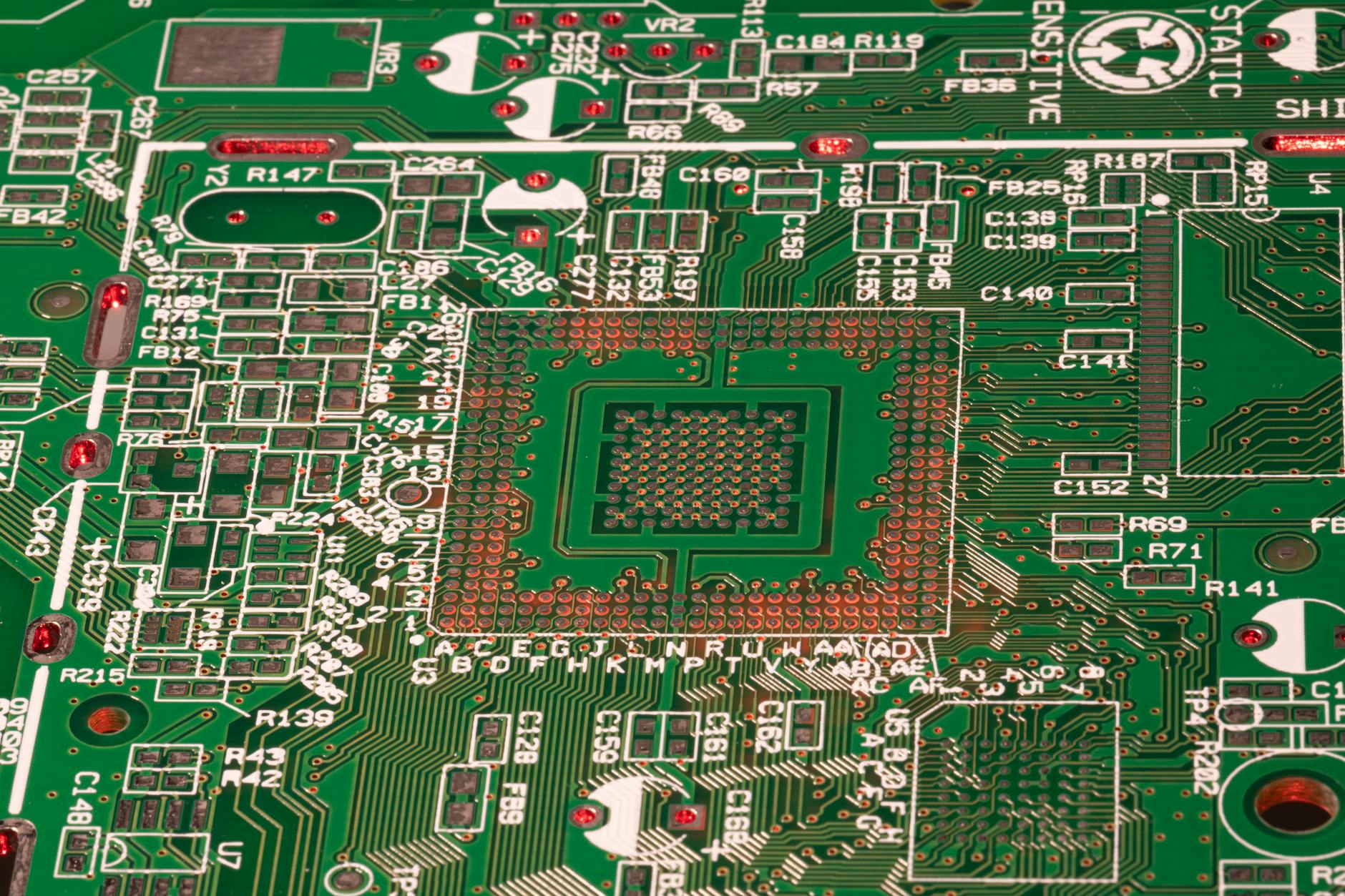 Close-up of semiconductor chips on a manufacturing production line