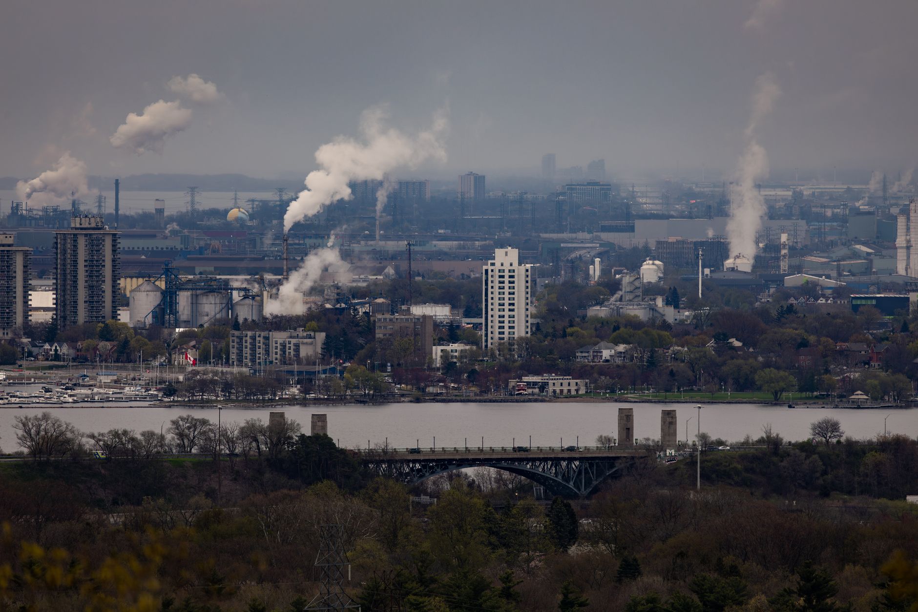 Dense air pollution hanging over an urban neighborhood