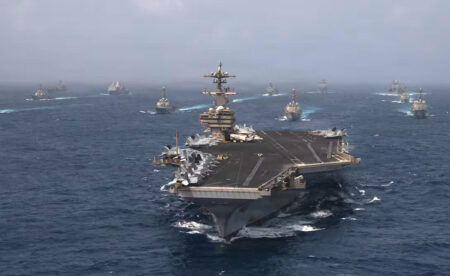 U.S. naval warship patrolling open ocean during military operation