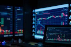 Stock market trading screens displaying index performance data