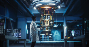 Researcher working in a quantum computing laboratory with advanced equipment
