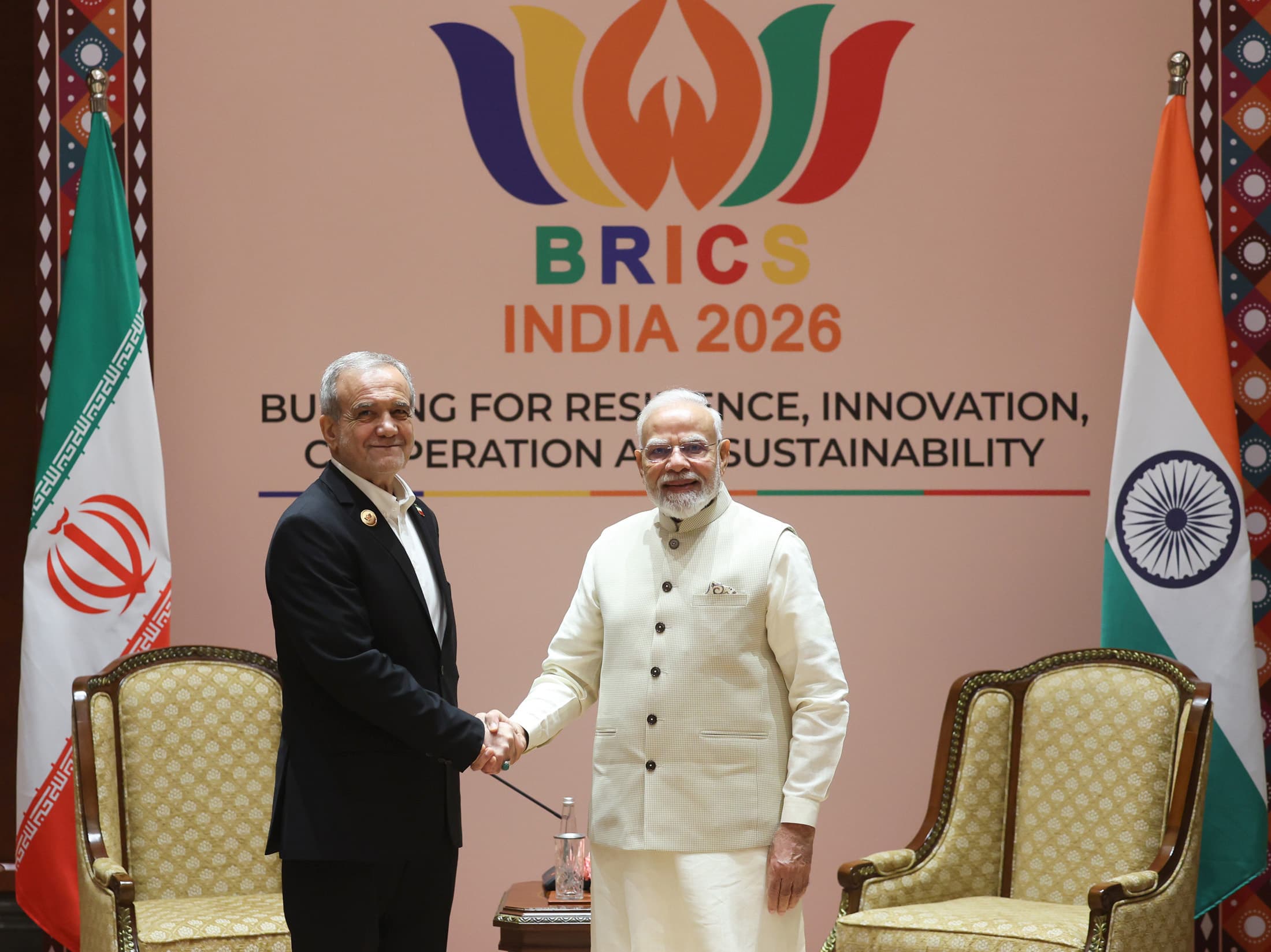 Two world leaders meeting at a formal diplomatic summit