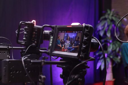 Empty television drama production set with studio lighting